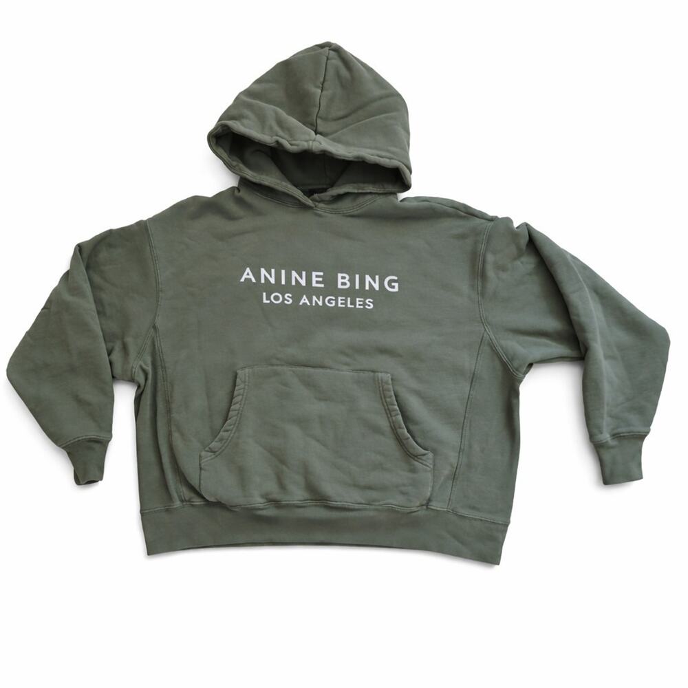 Anine Bing Alto Hoodie Small Olive Green Logo Sweatshirt 100% Cotton Oversized